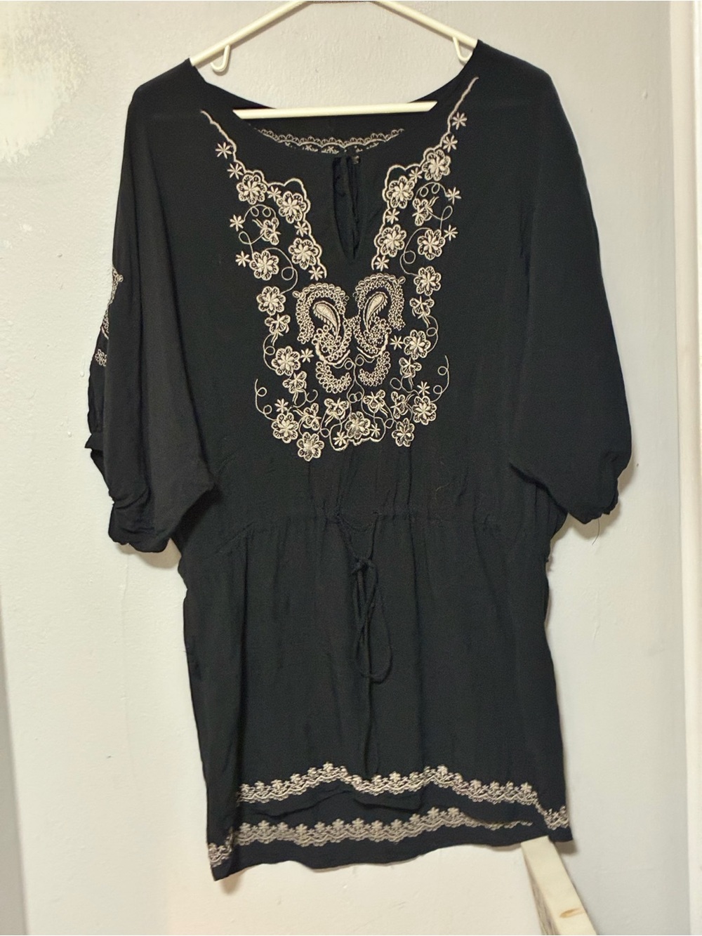 Black Embroidered Peasant Tunic Top - Women